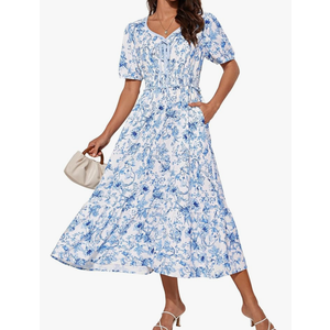 GRACE KARIN 2025 Women's Summer Floral Flowy A Line Midi Dresses Elegant Short Sleeve Smocked V-Neck Tiered Dresses S