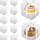 12 Pack Clear Plastic Cupcake Boxes, 3.5 Inch Silver Single Cupcake Containers Disposable Individual Cupcake Carrier Holder Box with Inserts and Ribbon Clear Boxes for Cupcakes (Silver)