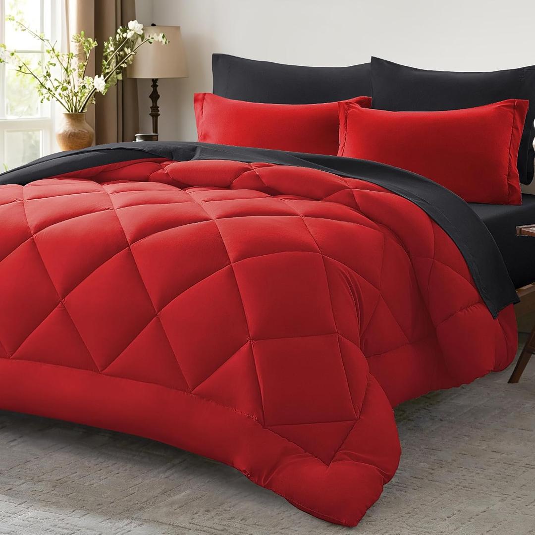 Anluoer Queen Comforter Set -7 Pieces Bed in a Bag Queen Size, Reversible Bed Set with 1 Comforter(88"*88"), 2 Pillow Shams, 2 Pillowcases, 1 Flat Sheet, 1 Fitted Sheet, Red & Black
