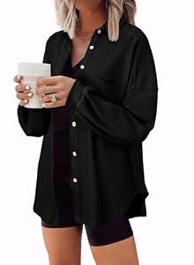 SHEWIN Jackets for Women Trendy 2025 Waffle Knit Shacket Boyfriend Shirts Button Down Shirt Jacket Loose Womens Long Sleeve Tops Fall Clothes Black, Large