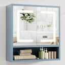 Bathroom Medicine Cabinet with Mirror, Lighted Storage Cabinet Wall Mounted with Doors & Adjustable Wood Shelf, Modern Bathroom Mirror with LED Lights Defogger for Makeup Laundry/Living Room, Grey