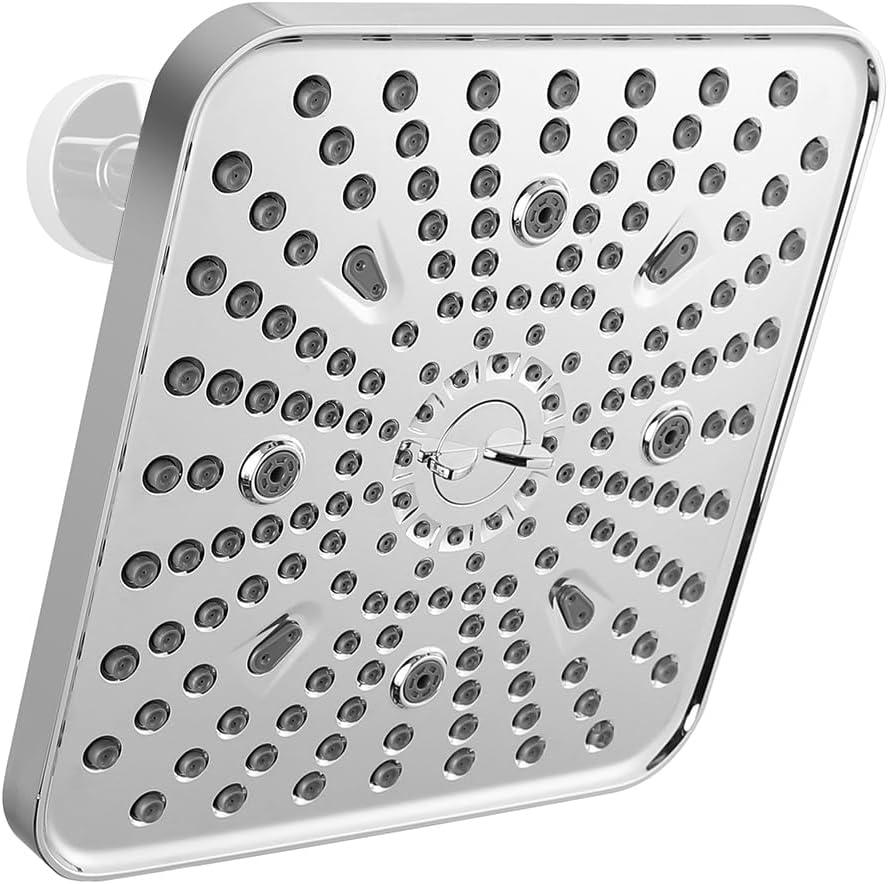 Square Shower Head, 6 Spray Modes High Pressure 10 Inch Chrome Shower heads, Rainfall & Massage Anti-Clog Nozzles Easy-Clean Surface for Spa Experience, Large Showerheads