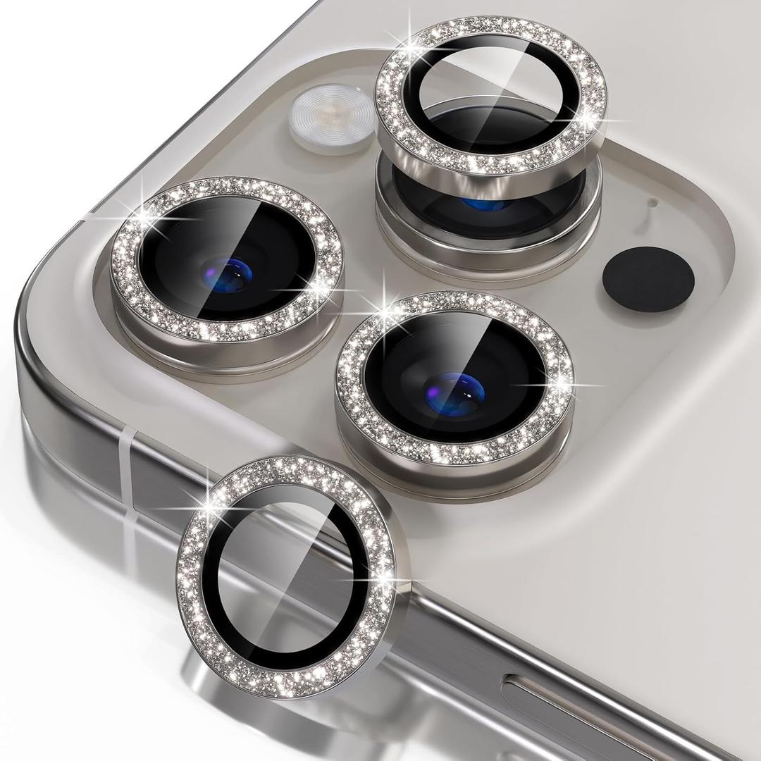 Misea Compatible for iPhone 16 Pro/iPhone 16 Pro Max Camera Lens Protector Bling, 9H Tempered Glass Camera Cover Screen Protector Metal Individual Ring Protector Decoration, Natural Titanium Glitter