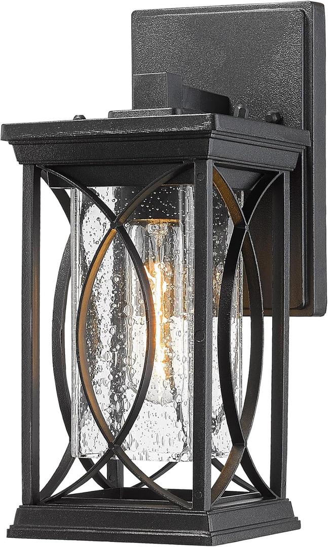 Bestshared Modern Outdoor Wall Lantern  Black Exterior Light Fixture with Seeded Glass, Weather-Resistant Sconce for Porch, Patio, Garage, Front Door (Black, Regular-1 Pack)