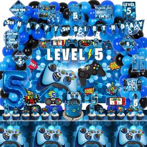 KOTLMIGHT 5th Birthday Decorations for Boys, 149Pcs Blue Video Game level 5 Party Supplies for Boy 5th Birthday - Backdrop, Banner, Balloons, Tablecloth, Centerpieces, Hanging Swirls, Wall Signs