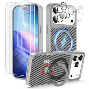 for iPhone 17 Pro Max Case with 360° Magnetic Stand [Compatible with MagSafe] – Carbon Fiber Protective Cover + 2X Tempered Glass Screen Protectors & 2X Camera Lens Protectors (Natural Titanium)