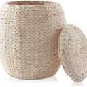 Casafield Round Storage Basket with Lid - Whitewash, Handwoven Water Hyacinth Organizer for Laundry, Blankets, Plants, Bedroom, Living Room, Office