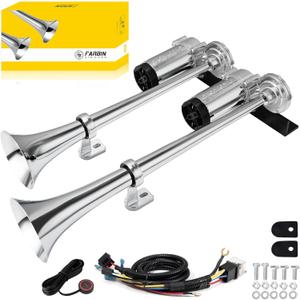 FARBIN Dual Trumpet Air Horn, 12V Train Horn for Truck with 2 Air Compressors,178dB Loud Horns for Any 12V Vehicles Trucks Pickups SUV Lorrys Boats (Silver Integrated Trumpet with Button)