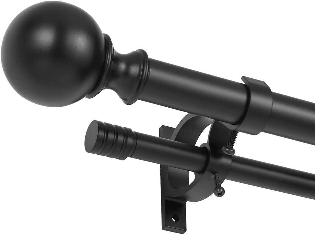 Double Curtain Rods for Windows 36-72 Inches, Adjustable Decorative Window Treatment Curtain Rod with Round & Barrel Finials, 1-Inch Front and 5/8 Inch Back Matte Black Double Telescoping Drapery Rod