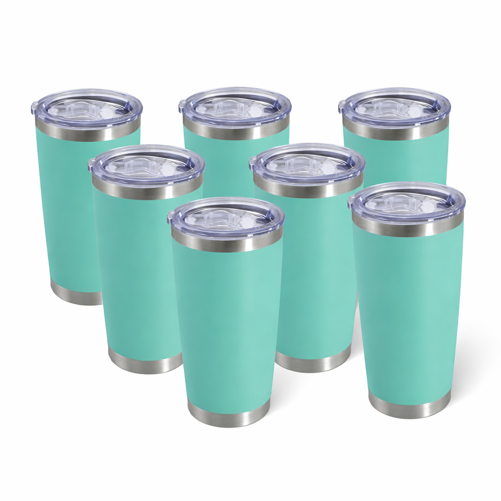 AIANJI 20oz Tumbler Bulk Stainless Steel Tumblers with Lid Vacuum Insulated Double Wall Travel Coffee Mug Powder Coated Tumbler Cup for Hot and Cold Drinks, Light Blue, 7 Pack