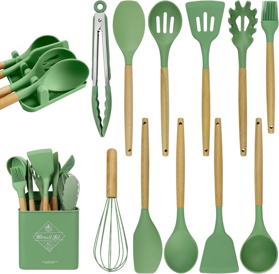 MYKUJA Green Kitchen Cooking Utensils Set-Heat Resistant Silicone Cooking Utensils Set, Non-Stick Kitchen Utensils Spatula Set with Holder, 13 Pcs Silicone Kitchen Gadgets Decor (Avocado green)
