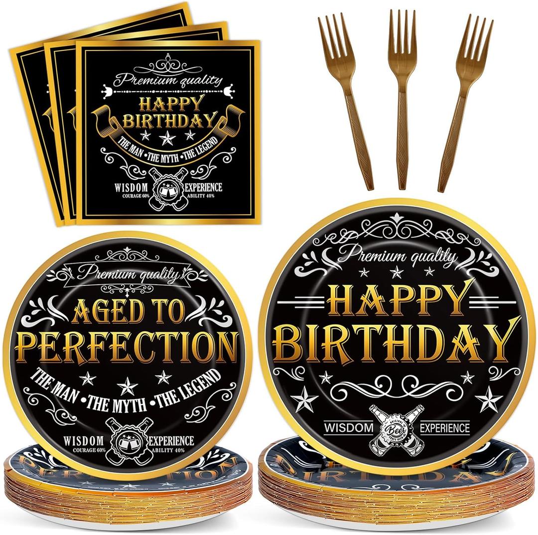 96 Pcs Aged to Perfection Party Plates Napkins Tableware Set Vintage Theme Birthday Supplies Disposable Dinnerware Black Gold Happy Birthday Party Decoration Favors for Men, 24 Guests