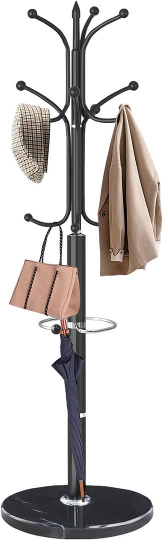 Modern Coat Rack Stand, Metal Freestanding Coat Rack with Natural Marble Base, Heavy-Duty Coat Racks with Umbrella Holder, Black Coat Hanger Stand with 12 Hooks for Office, Entryway, Hallway