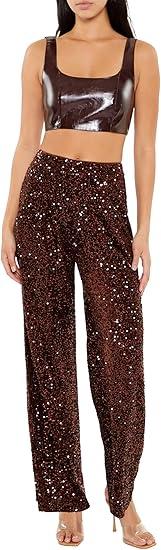 Forever 21 Women's Sequin Velvet High-Rise Pants, Brown