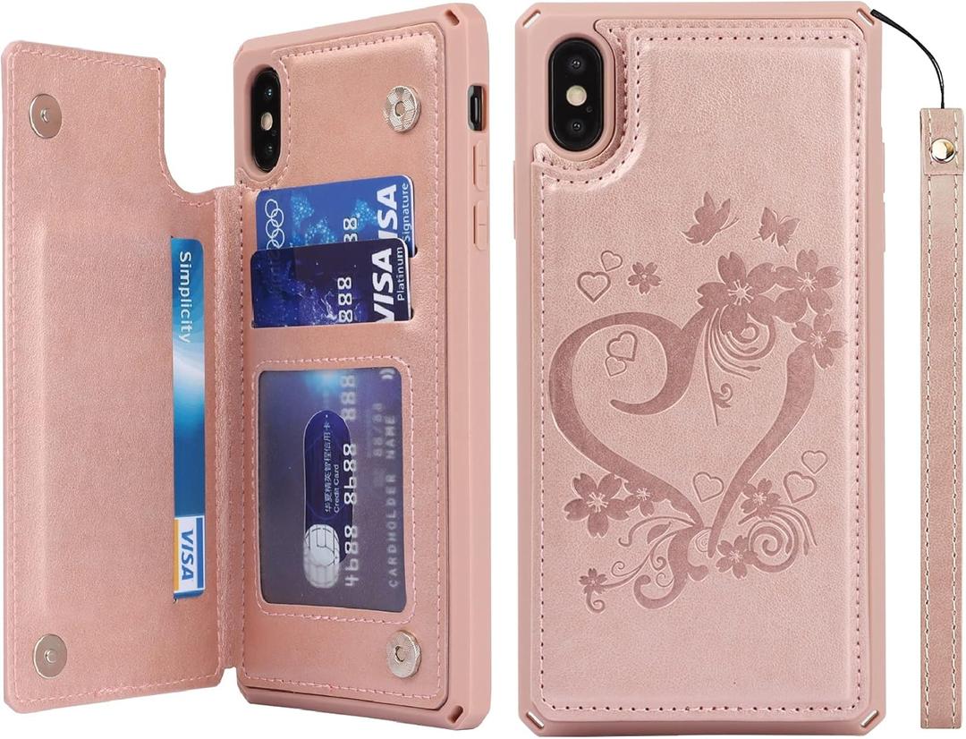 iCoverCase Compatible with iPhone X/XS Wallet Phone Case with Card Holder for Women, RFID Blocking Embossed PU Leather Wrist Strap Case 10/10S 5.8" (Heart Rose Gold)