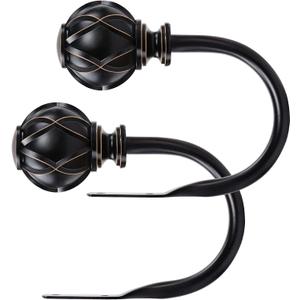 KAMANINA Decorative Curtain Drapery Holdbacks, Curtain Tiebacks Hooks with Screws Wall Mounted, Netted Texture Finials for Drapes Window Home Decoration, Black (1 Pair/2 Pack), Small