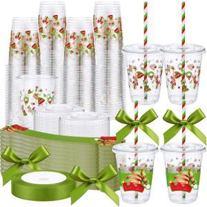 60 Pcs 12 oz Christmas Plastic Cups Bulk with Lids Sleeves and Straws Christmas Snowman Santa Claus Elf Hats Clear Plastic Cups Xmas Holiday Birthday Wedding Party Supplies