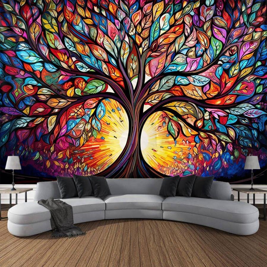 Tree of Life Wall Hanging Decor Tapestry with Stained Glass Colorful Wall Art Large Tapestry Mural Decor Photograph Backdrop Blanket Curtain Home Bedroom Living Room Decoration (60"L x 51"W)