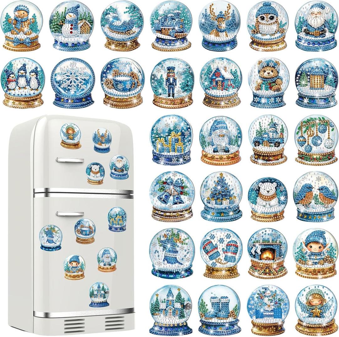 30 Pcs Winter Magnetic Diamond Art Decor Blue Crystal Ball Diamond Painting Magnets Kits Winter Adult DIY Art Fridge Magnet Refrigerator Sticker for Beginners Gifts Home Car Garage Decors