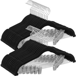 SONGMICS 30 Pack Pants Hangers, 16.7 Inches Long Velvet Trousers Hangers with Adjustable Clips, Heavy-Duty, Non-Slip, Space-Saving for Pants, Skirts, Coats, Dresses, Tank Tops, Black UCRF12B30