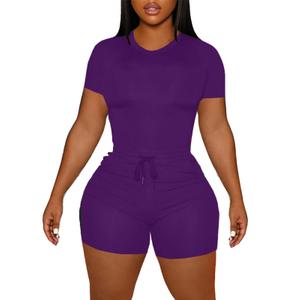 LovelyWholesale Short Sets Women Summer 2 Piece Outfits Casual Workout Sets Dark Purple Small (Purple, S)