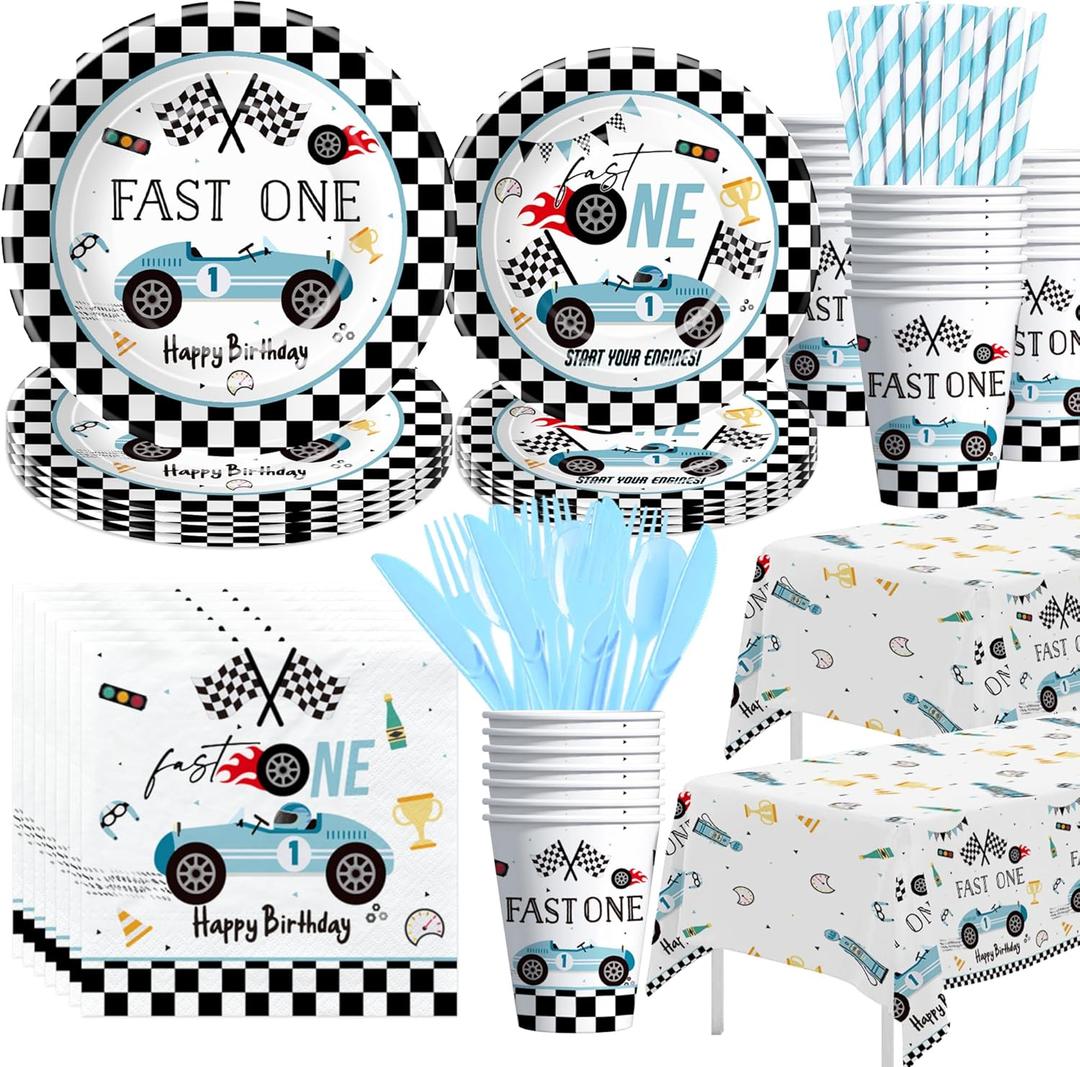 Fast One Birthday Decorations For Boys Tableware - Blue Race Car 1st Birthday Party Supplies Table Decorations, Plate, Cup, Napkin, Tablecloth, Cutlery, Serves 24