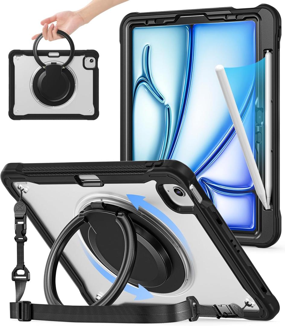 BATYUE Case for iPad Air 11 Inch M3/M2 (2025/2024), Air 5th/4th 10.9 Inch (2022/2020), Pro 11" 4th/3rd/2nd/1st, Shockproof Cover with 360 Rotating Stand, Pencil Holder, Shoulder Strap, Black (A4-Transparent (Black))