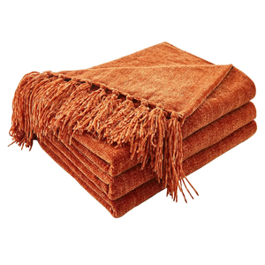 CozeCube Chenille Throw Blanket for Couch, Cozy Plush Fuzzy Decorative Rust Orange Blanket with Fringe Tassels, Lightweight Throws for Bed Sofa Gift Home Decor, 50"X60"