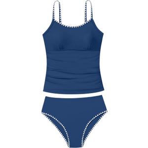 Girls Swimsuit Solid Color Tankini Contrast Trim Swimwear 2 Piece Bathing Suit Padded Swimsuits for Teens Blue, 9-10 Years