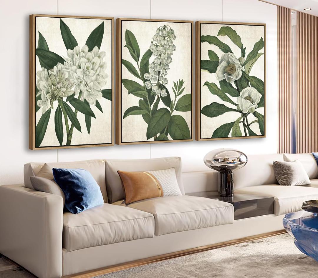 Large Framed Canvas Wall Art - Natural Float Framed White Flowers Green Leaves Pictures Decor Simple Botanical Plants Artwork for Living Room Bedroom Kitchen Home Office Decoration 60" X 28" Set of 3, 20" X 28" X 3pieces Framed