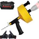 Drain Snake 50 Ft, Plumbing Snake for Sink with Drill Attachment, Snake Drain Clog Remover for Shower Drain and Sink, Manual or Powered Use, Comes with Gloves and Storage Bag, 1/4 Inch, Yellow