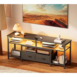 Huuger TV Stand for 55 60 Inch TV, Entertainment Center with Power Outlets and LED Lights, 54 Inch TV Console for Living Room, Media Console with Drawers and Shelves, Black