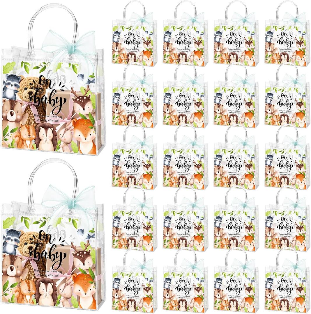 Sinload 25 Sets Woodland Baby Shower Favors Bags Oh Baby Clear Plastic PVC Bags with Handle and Green Ribbon for Gender Reveal Birthday Party Supplies