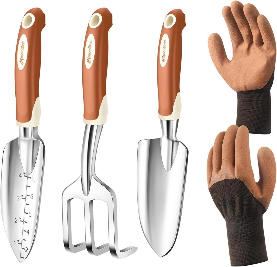 MelonArt Garden Tool Set, 4 Pieces Heavy Duty Gardening Hand Tool Kit Aluminum for Women Men Planting Including Hand Shovel, Transplant Shovel and Hand Rake with Non Slip Rubber Handle and Gloves