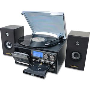LoopTone Vinyl Record Player with Dual 15W External Speakers 10 in 1 3 Speed Bluetooth Vintage Turntable CD Cassette Player AM/FM Radio USB Recorder Aux-in RCA Line-Out (Black)