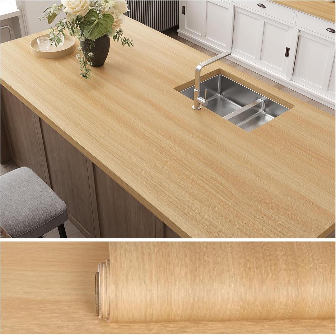 VEELIKE Natural Beech Wood Contact Paper for Countertops Waterproof Peel and Stick Thick Wood Wallpaper 24''x118'' Removable Self Adhesive Wood Grain Contact Paper for Cabinets Desk Furniture Counter