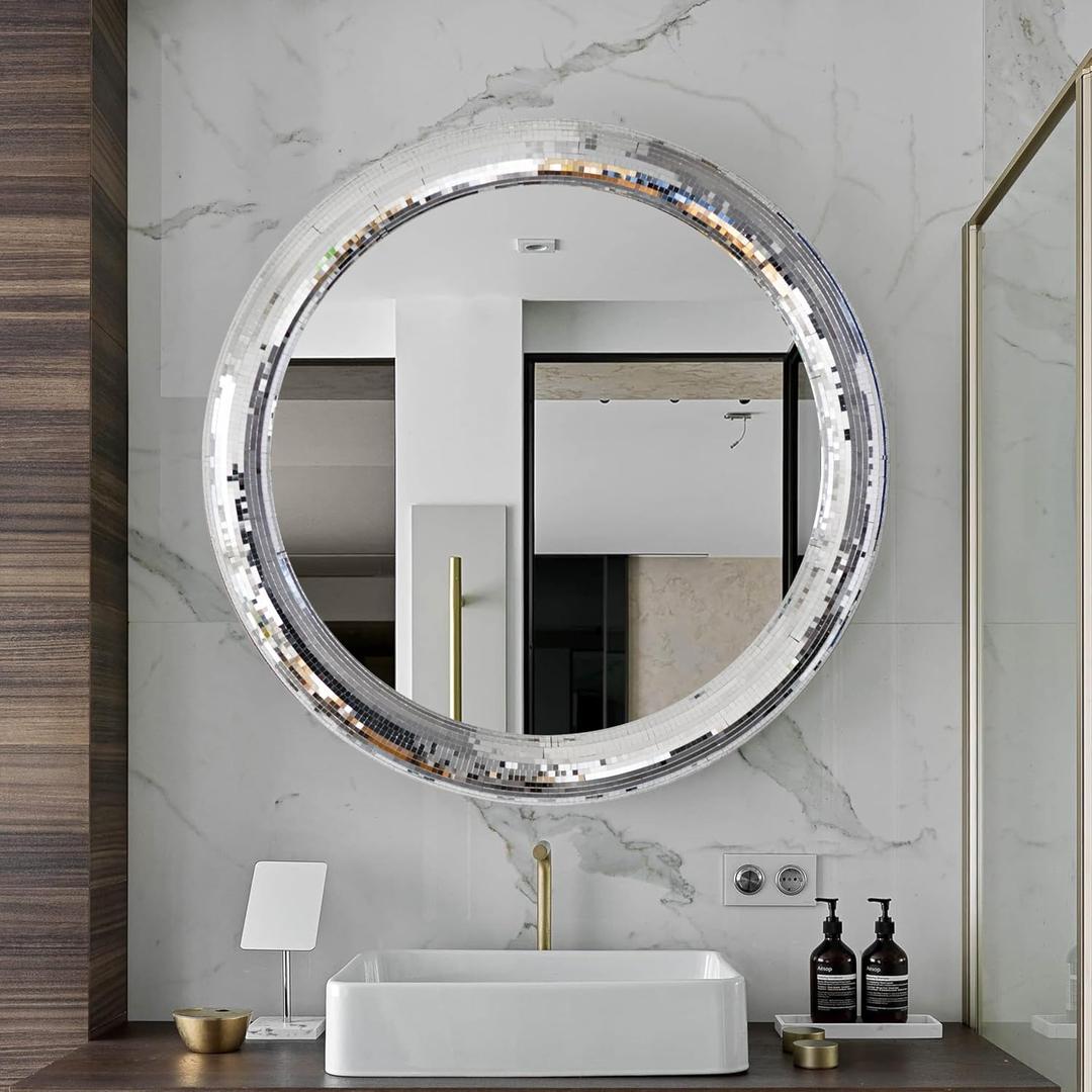 23.6inch Round Decorative Wall Mirror with Mosaic Glass Frame, Silver Bathroom Vanity Mirror
