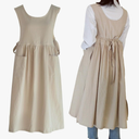 Women Plus Size Cotton Linen Vintage Pleated Split Apron Pinafore Dress with Two Pockets, 43.4"L