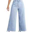 WDIRARA Women's High Waisted Wide Leg Denim Pants Raw Hem Jeans with Pockets Light Wash Large
