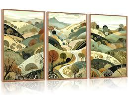 Aurlan Abstract Mountain Landscape Wall Art Set(16”x24”), 3 Pieces Green Forest Nature Framed Canvas Artwork, Large Boho Minimalist Watercolor Scenery Wall Decor for Office Bedroom Living Room