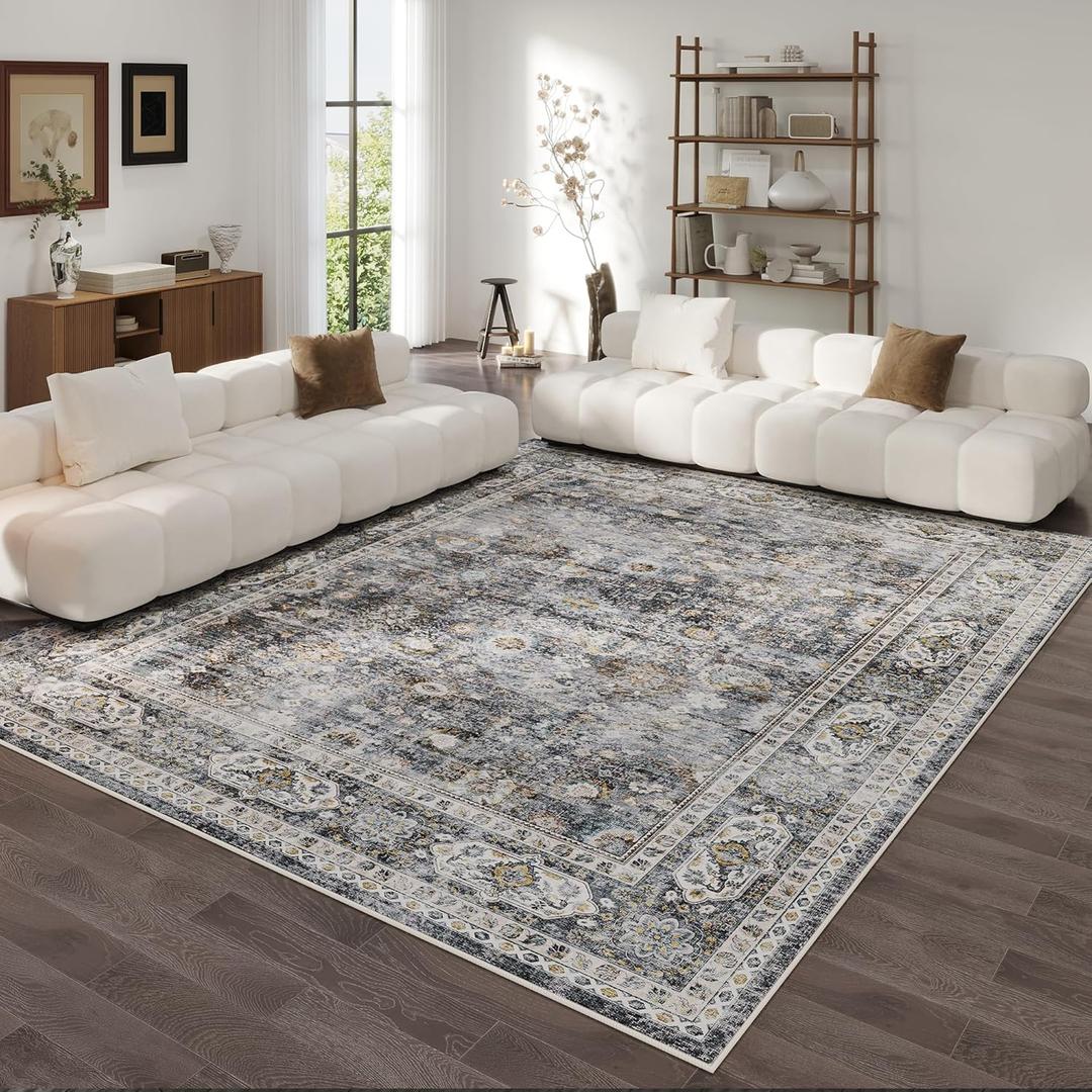 9x12 Rug Washable Boho Rug Soft Large Area Rug Non-Slip Non-Shedding Faux Wool Vintage Rug for Living Room, Farmhouse, Dining Room, Indoor, Kids Playroom (Grey)