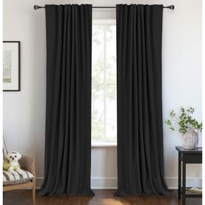 100% Blackout Shield Linen Blackout Curtains for Bedroom 96 Inches Long, Back Tab/Rod Pocket Living Room Drapes, Thermal Insulated Blackout Curtains 2 Panels Set, 50" W x 96" L, Black