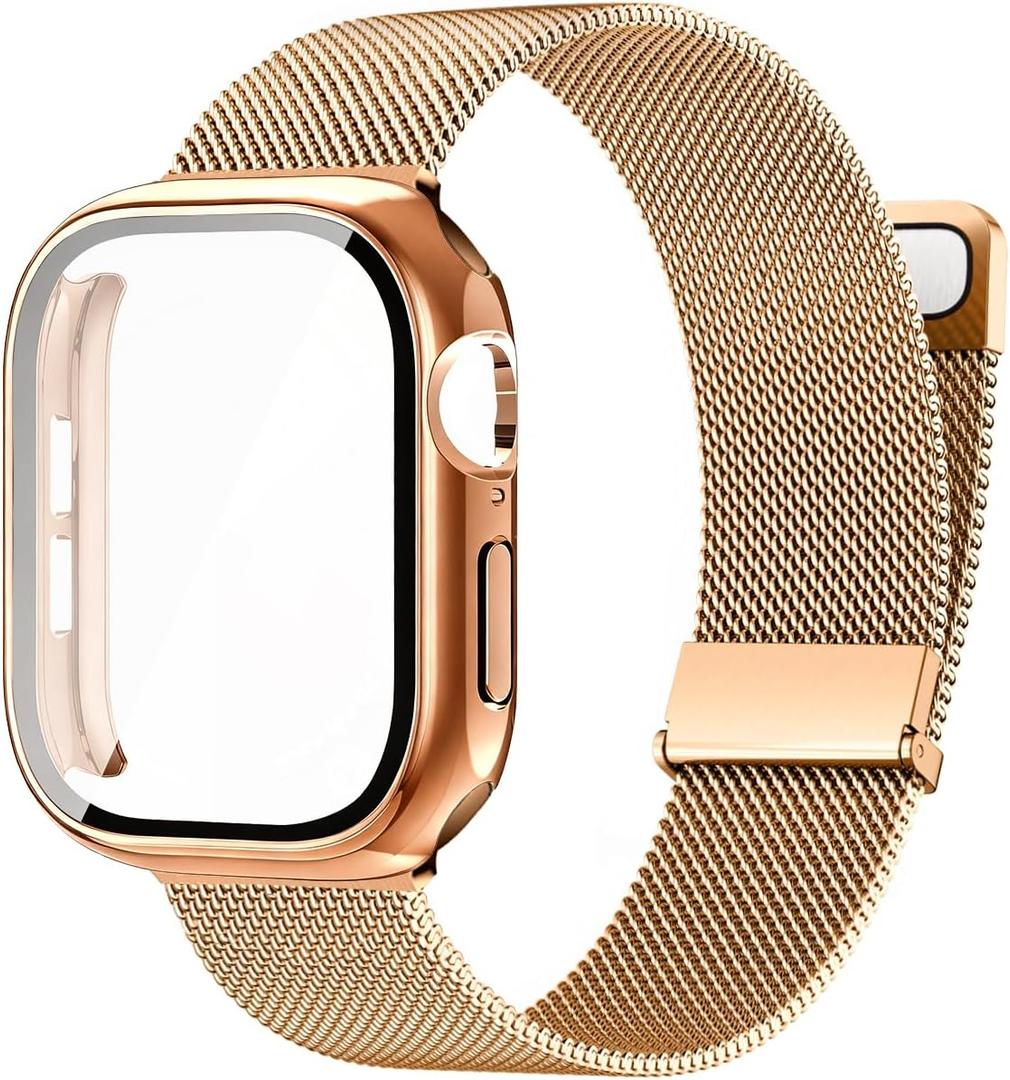 Waterproof Stainless Steel Milanese Band with Case Compatible for Apple Watch (Rose Gold, 45mm-Series 9 8 7)