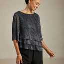 Women's 3/4 Sleeve Sparkle Tops Ruffle Shiny Blouses for Women Dressy Casual Pleated Layered Flowy Chiffon Shirt (S)