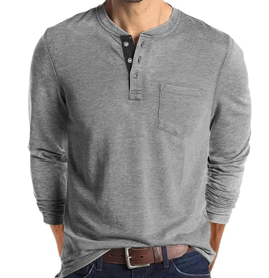 Lexiart Mens Fashion Henley Shirts 3 Button Long Sleeve T-Shirt Slim Fit V-Neck Tee, Gray, XL