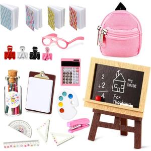 Civaner 18 Piece Mini School Supplies for Dolls, Doll House School Supplies Accessories Includes Backpack Glasses Blackboard Mini Book Palette Paper Clipboard Clamp Ruler Scissors Calculator Set