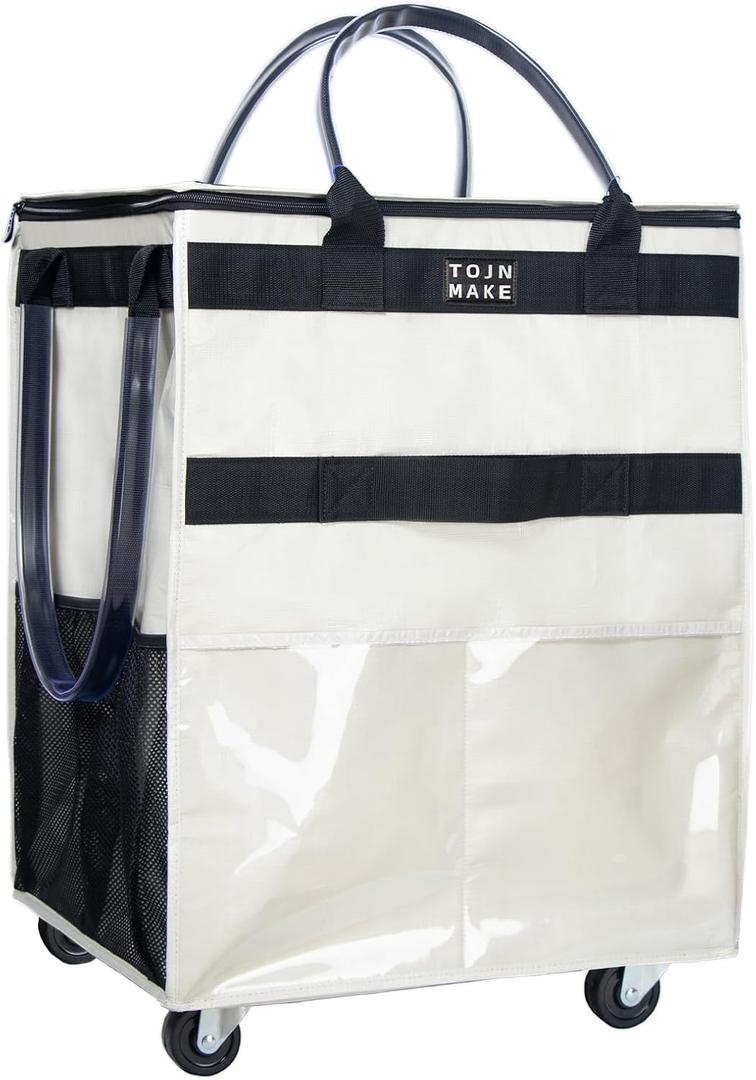 Reusable Grocery Bag On Wheels Shopping Trolley with 8 Pockets and Zipper Cover Foldable Rolling Tote, Heavy Duty Handles, Carries Up to 66 LBS (Large, Beige)