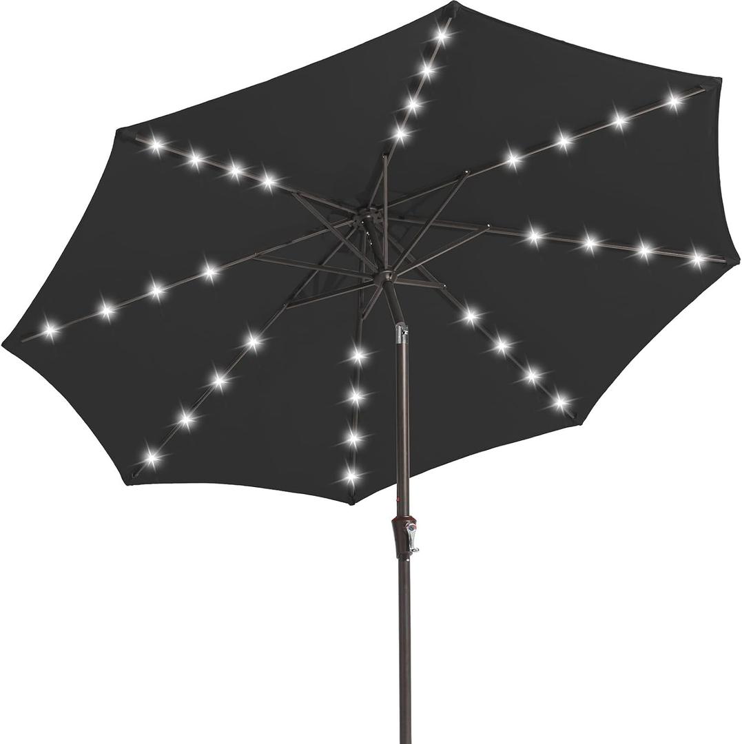 JEAREY 9FT Outdoor Patio Umbrella with Solar Lights, LED Lighted Pool Umbrella with Tilt and Crank, Outdoor Table Umbrellas for Deck, Yard & Market (Jet Black)