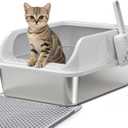 Stainless Steel Litter Box with Lid, Kitten Metal Cat Litter Boxes High Sided Enclosed for Small Cat and Injured Cats Rabbit, Anti-Urine Leakage | Non-Stick Bottom & Includes Scoop