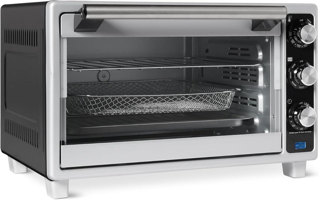 Amazon Basics 6-Slice 23-QT Toaster Oven with Built-In Air Fryer, 7-In-1 Cooking Options, 60-Min Timer & Adjustable Temperature (200F - 450F), With Accessories, 1500W, Stainless Steel, Silver/Gray